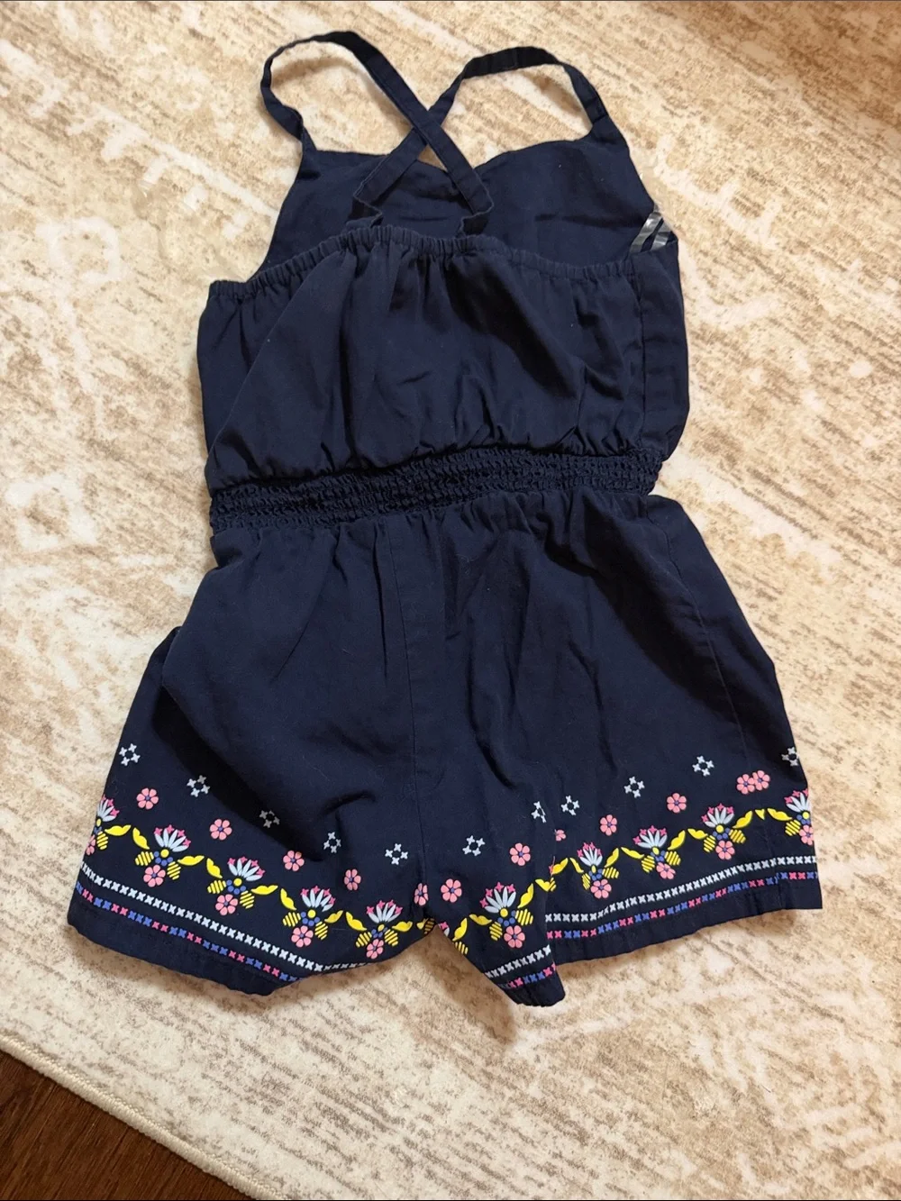 Navy Floral Embroidered Romper with Coral Tassels